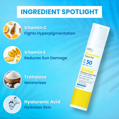 SPF 50+ Sunscreen Light Gel | Ultra-Light Aqua Gel | UV A/B & Blue Light Shield | Fades Pigmentation | Brighter Skin